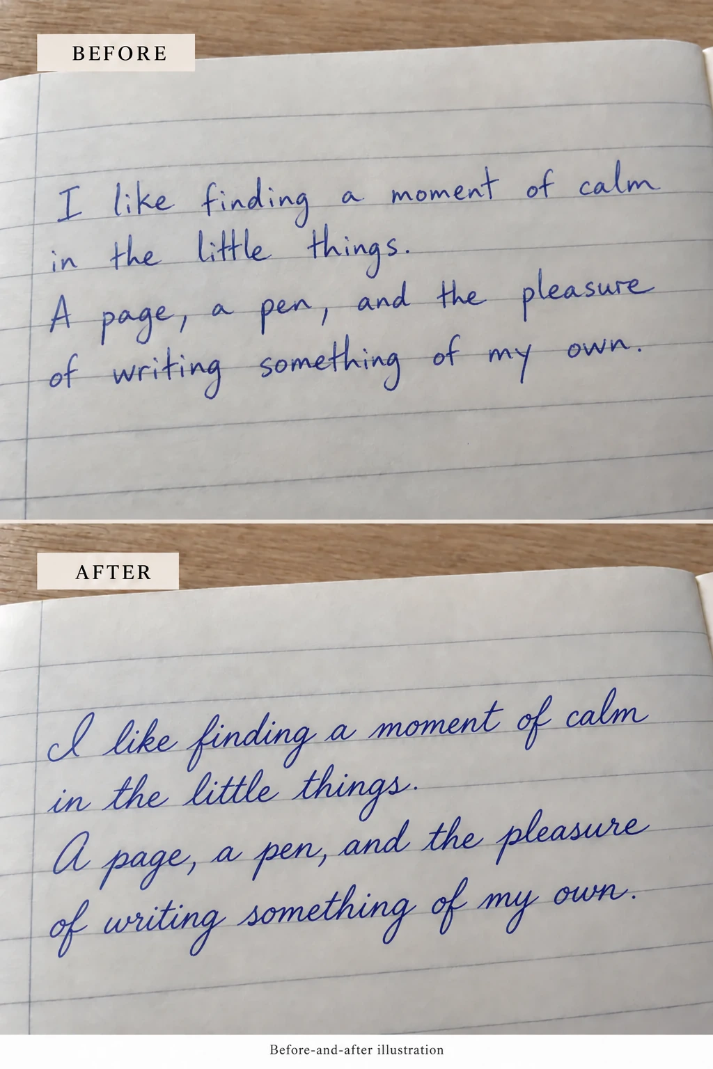Before-and-after handwriting illustration